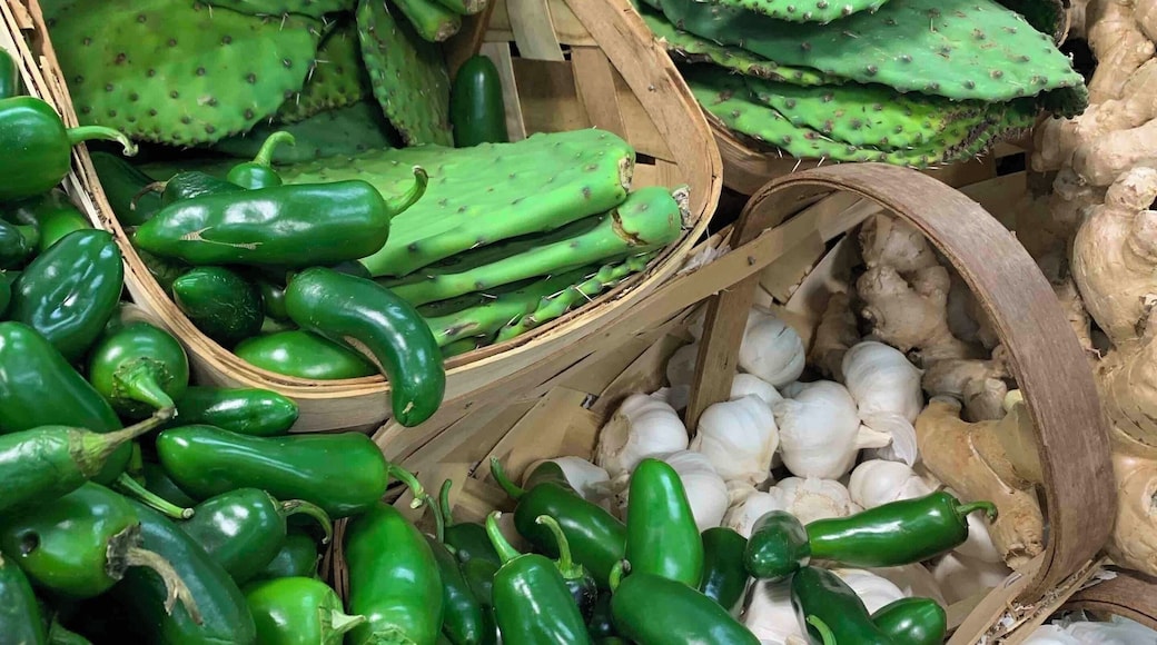 Cactus, peppers and garlic at local farmers market.