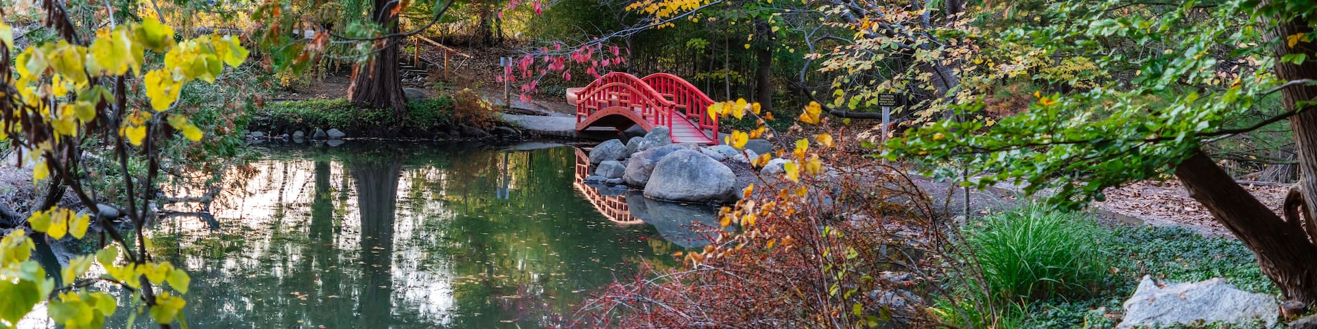 A red bridge over a pond surrounded by autumn foliage.