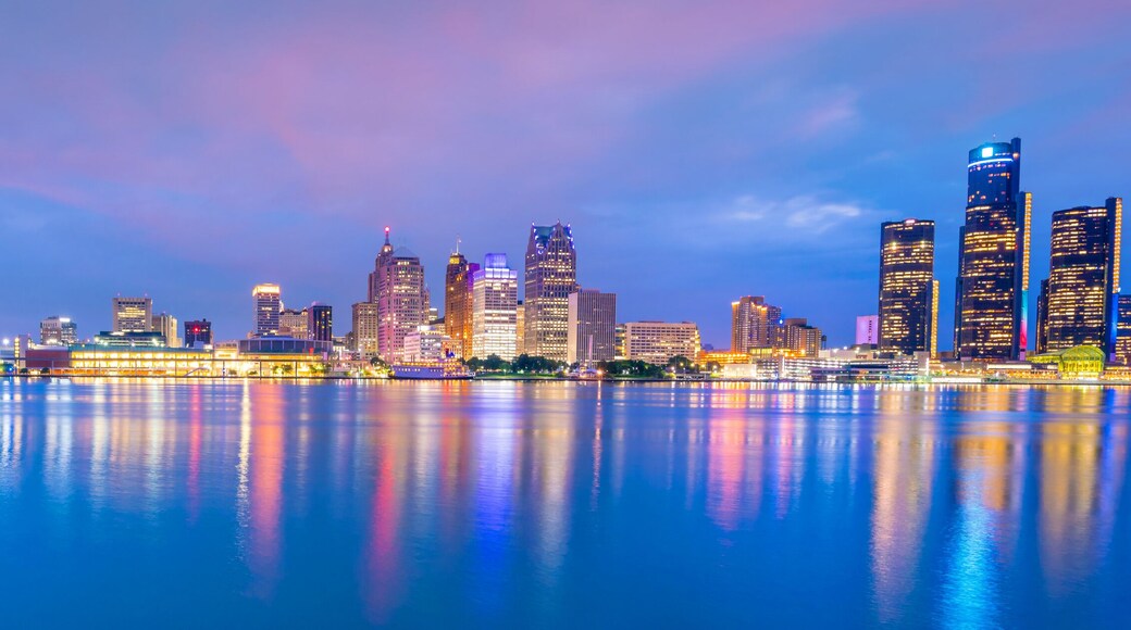 Detroit skyline in Michigan, USA at sunset