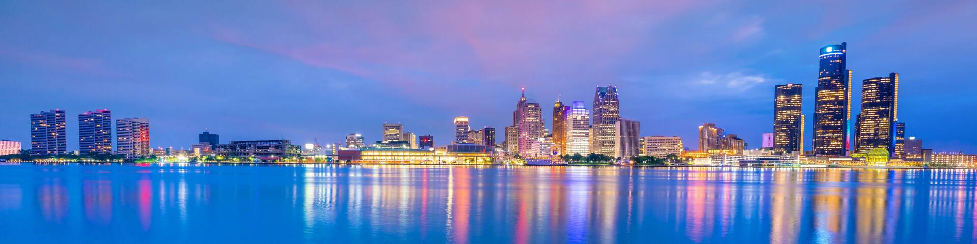 Detroit skyline in Michigan, USA at sunset