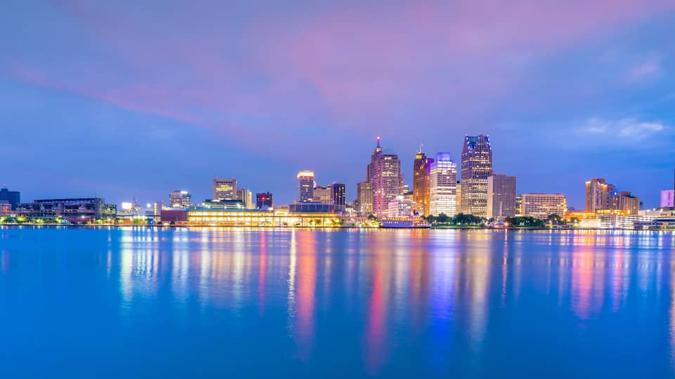 Detroit skyline in Michigan, USA at sunset