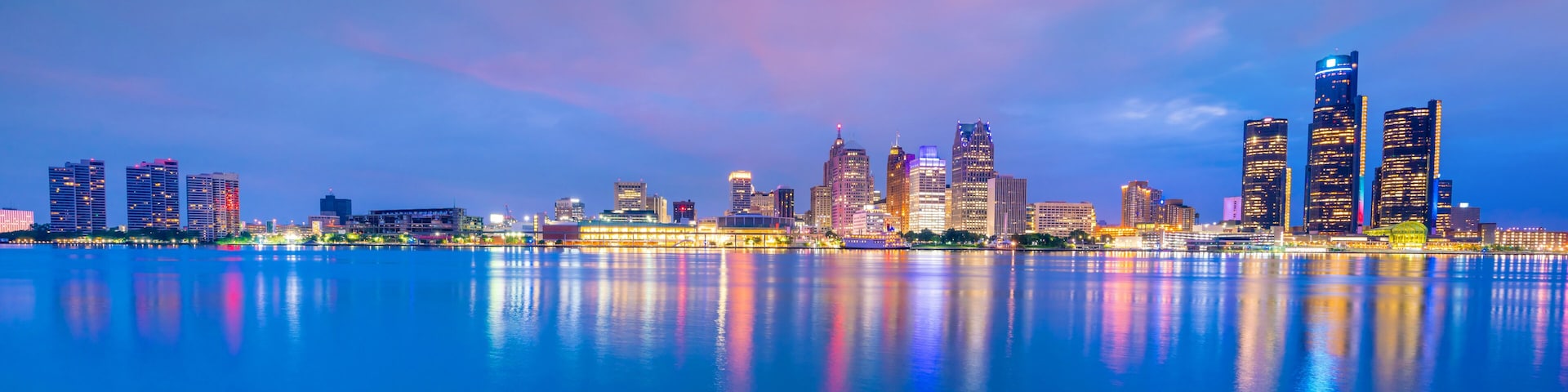 Detroit skyline in Michigan, USA at sunset