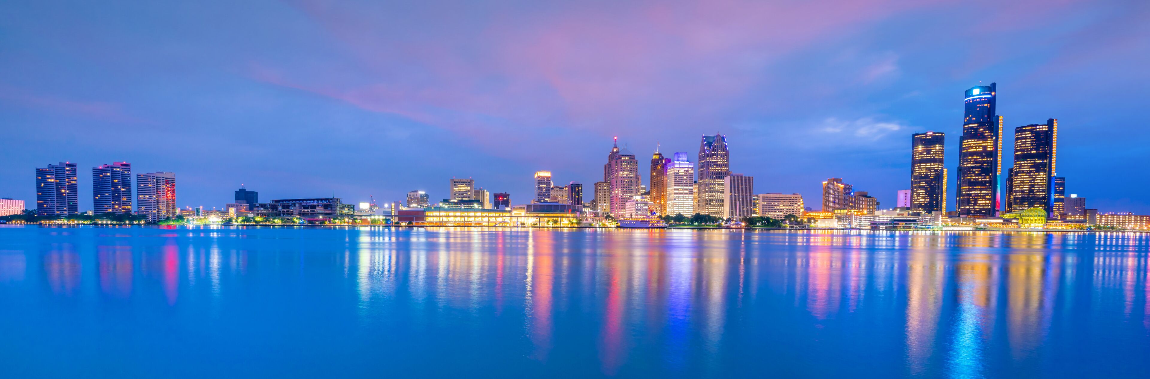 Detroit skyline in Michigan, USA at sunset