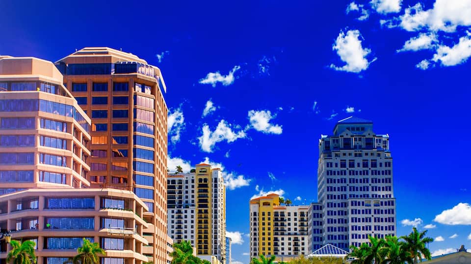 West Palm Beach buildings on a sunny blue sky
