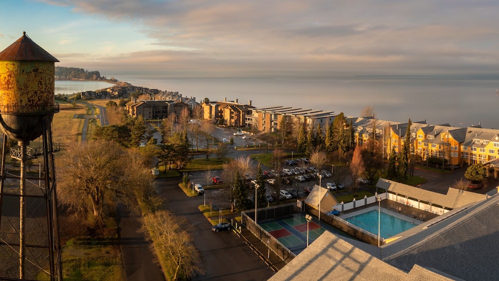 Semiahmoo spit includes a resort, beach trails, and restaurants and the iconic Semiahmoo Water Tower landmark. Located off Drayton Harbor and the coast of Blaine in Whatcom County, Washington state.