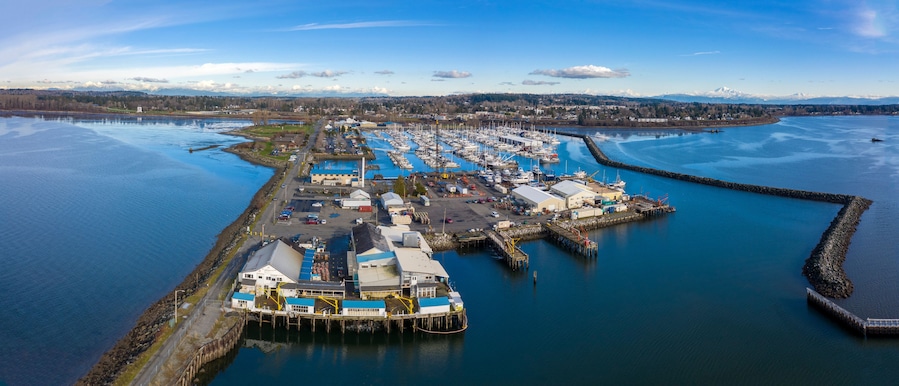 Aerial View of Blaine Public Pier and Marina, Blaine, Washington. Operated by the Port of Bellingham it offers exceptional access to views of Semiahmoo Spit, Mt Baker, and the local waterways.