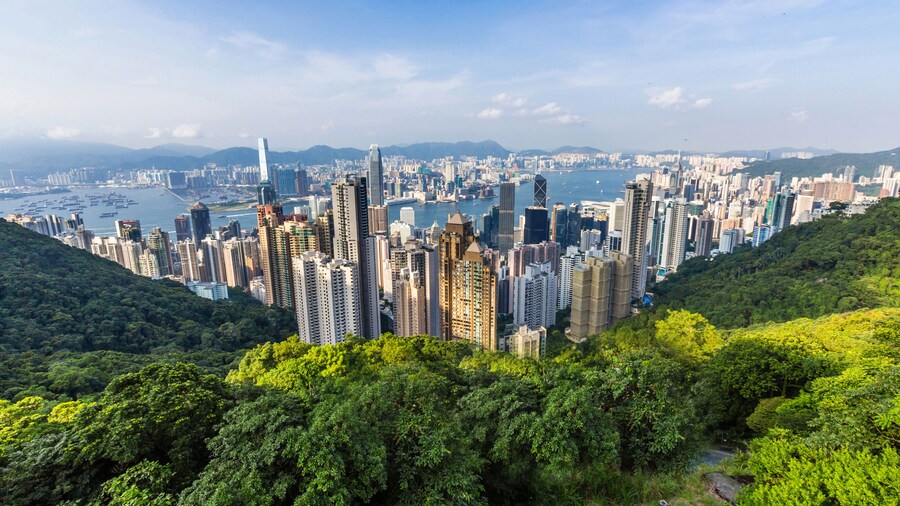 Hong Kong Skyline from Victoria Peak in Hong Kong, China.