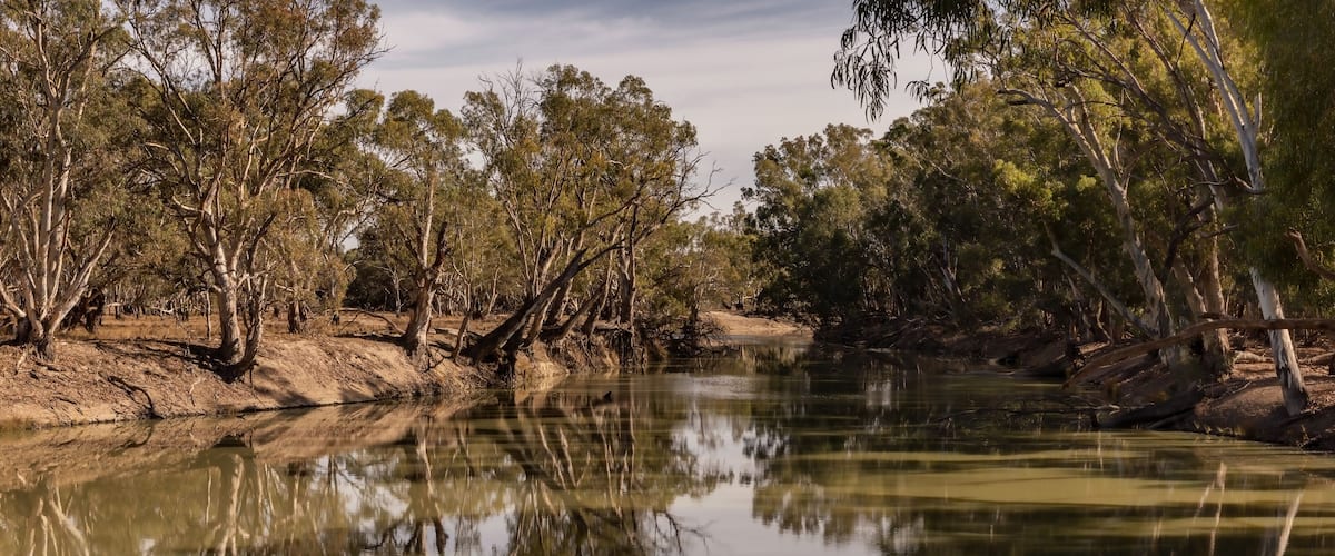 A calm river with reflections of trees and a clear sky.