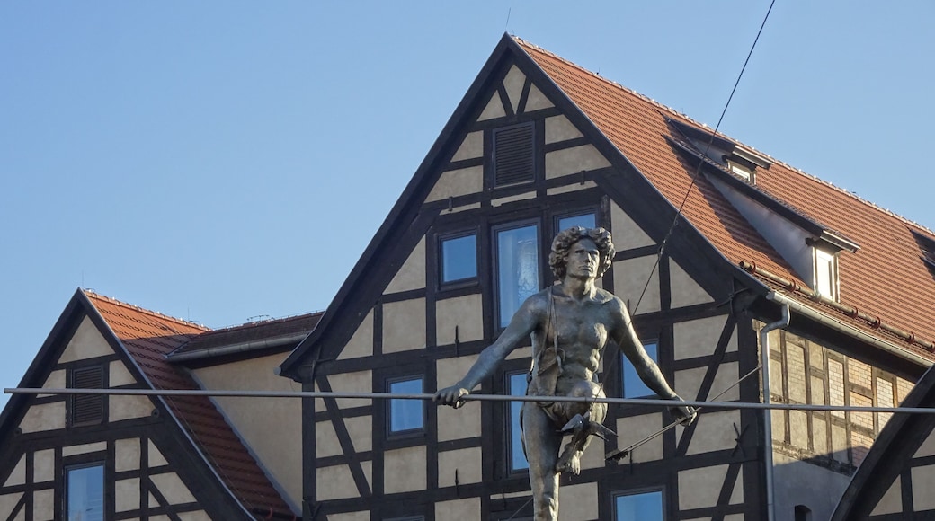 "Man crossing the River" was unveiled on the 1st of May 2004 to commemorate the Polish entry into the European Union. The sculpture was placed on a rope stretched between the banks of the Brda river and was designed so that its centre of gravity is below the wire, which gives it its balance.