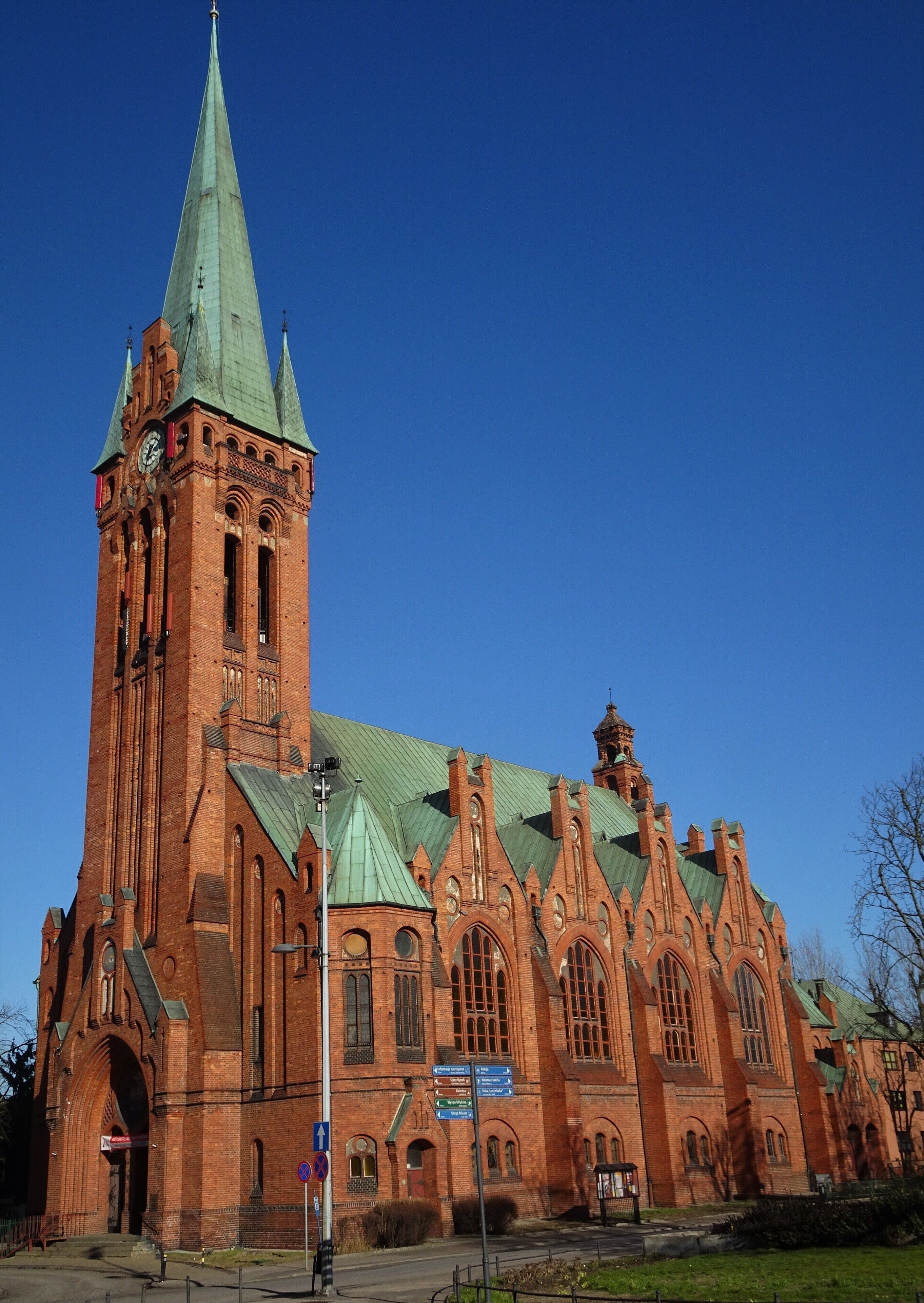 Saint Andrew Bobola's Church (1903) has a Neo-Gothic style, distinctive of German Protestant churches at the beginning of the 20th century. In 1945 the church was handed over to the Catholic community. The spire is 75 m high, making the church the highest building in Bydgoszcz.