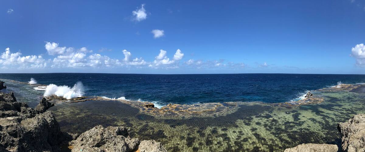 A coastal landscape with clear waters, rocky formations, and a green walkway.