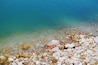 A clear underwater view of a rocky seabed with variously sized stones and pebbles.