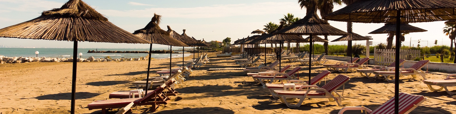 Una playa con filas de tumbonas y sombrillas de paja.