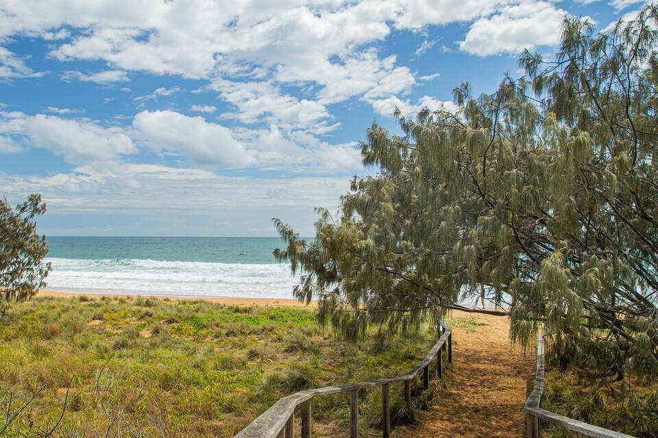 Une plage avec des vagues, une clôture en bois et des arbres.
