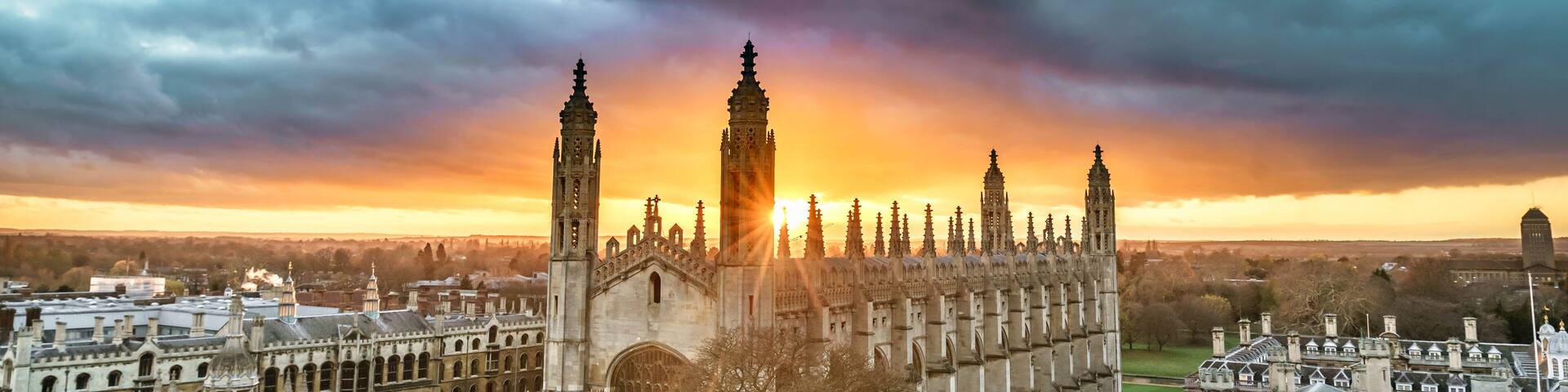 High angle view of the city of Cambridge, UK at beautiful sunset