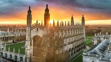 High angle view of the city of Cambridge, UK at beautiful sunset
