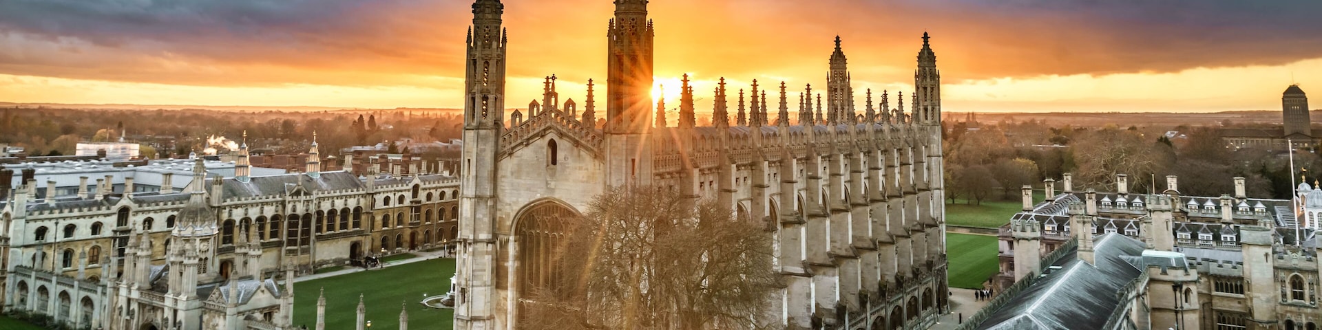 High angle view of the city of Cambridge, UK at beautiful sunset