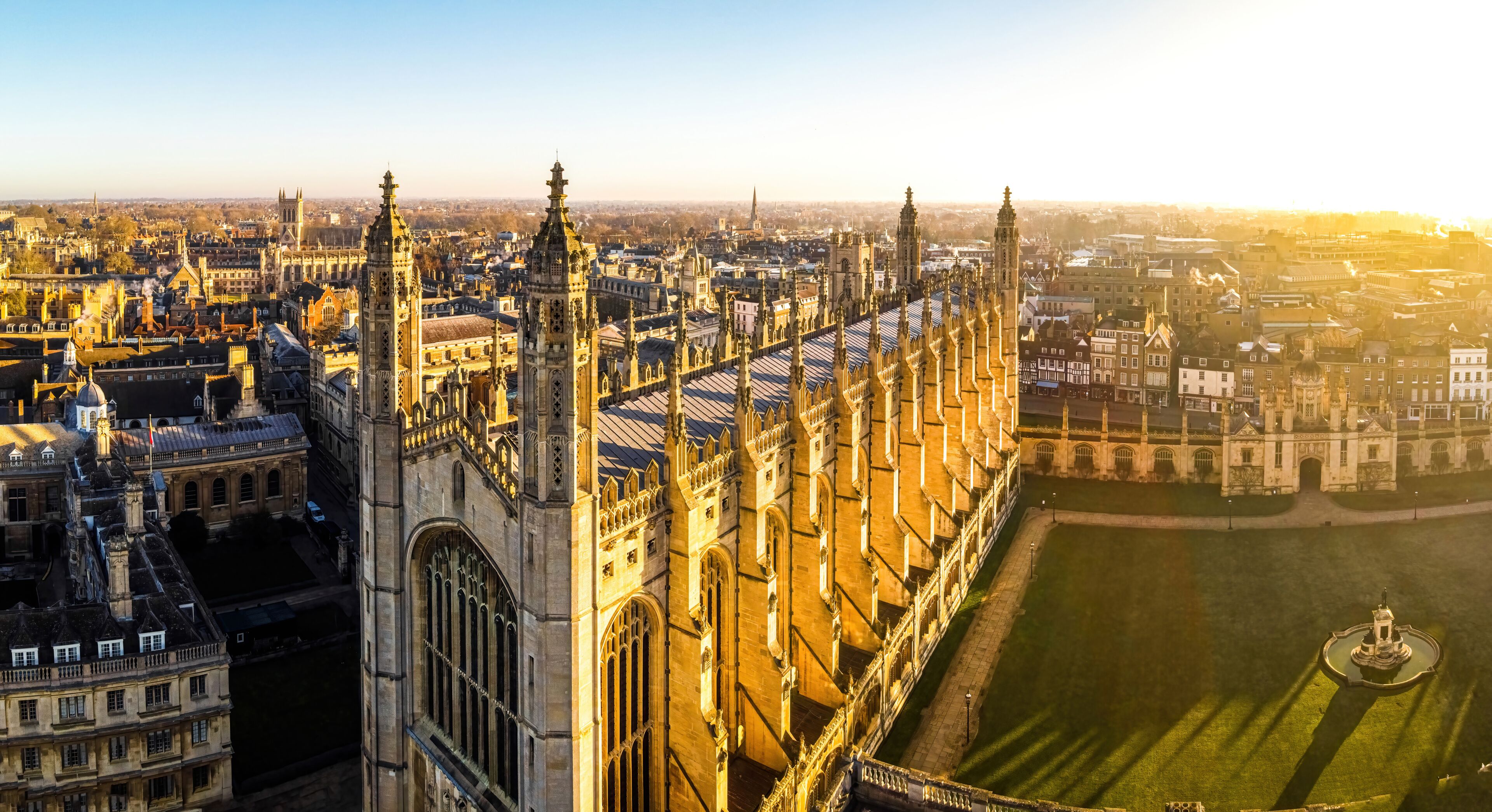 The aerial view of Kings college in Cambridge, a city on the River Cam in eastern England