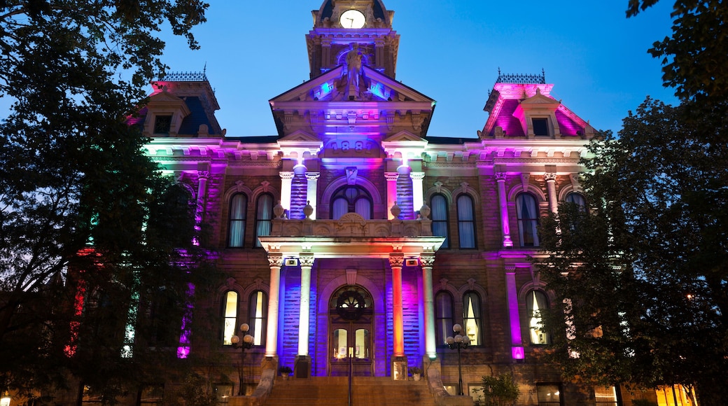 USA, Ohio, Cambridge, Town hall with colorful lights at dusk. Image shot 2011. Exact date unknown.