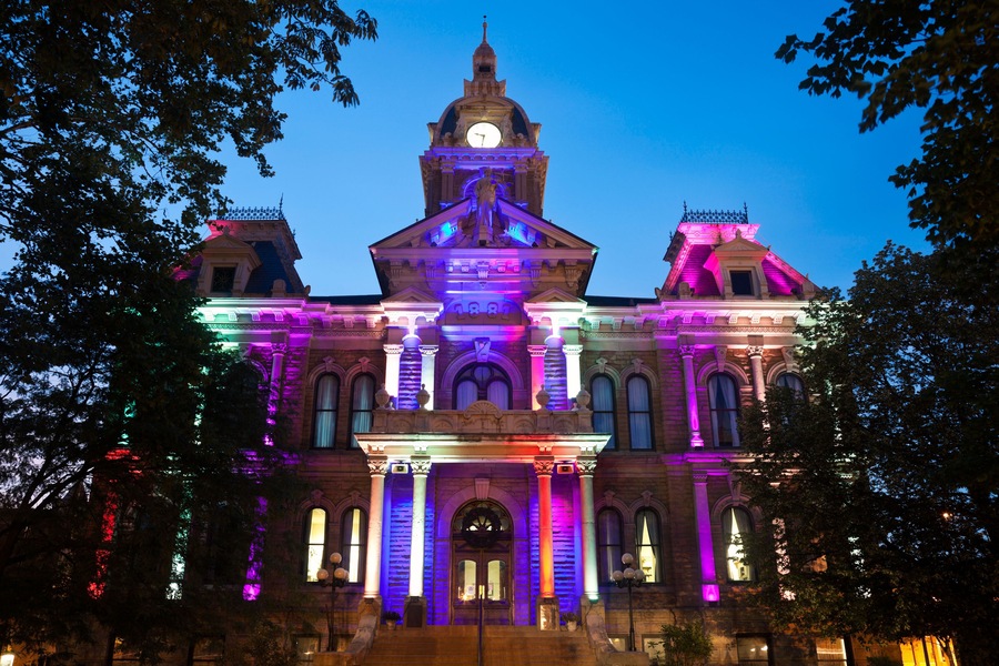 USA, Ohio, Cambridge, Town hall with colorful lights at dusk. Image shot  2011. Exact date unknown.