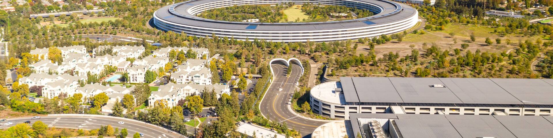 Aerial view over Cupertino in Bay Area, California on a sunny day.