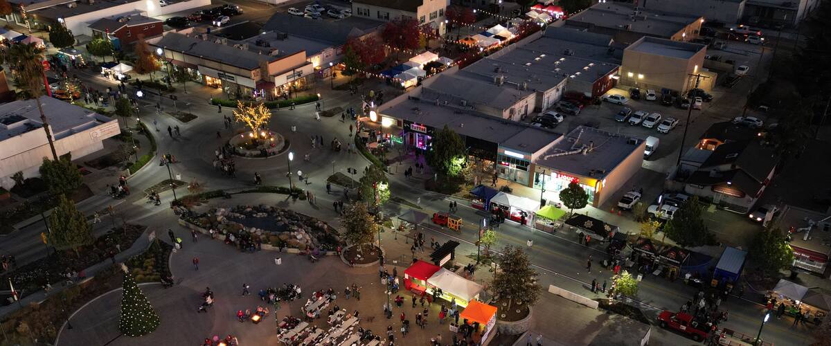 Yucaipa, California, as Seen from a Drone UAV Aerial View as the Town Celebrates Winterfest Winter looking at the Performing Arts Center and the Ice Rink with Large Crowds of People