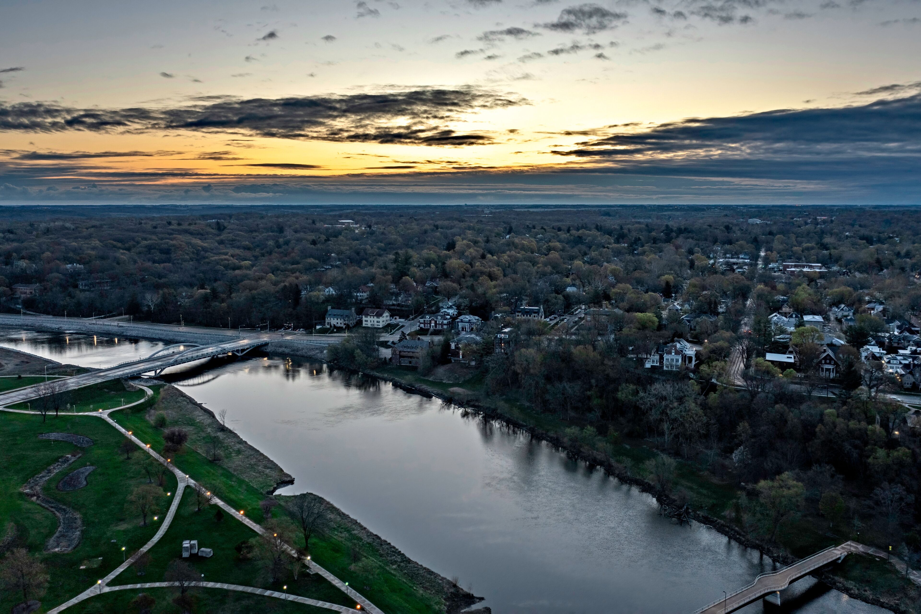 Aerial view of the Iowa River at Sunrise