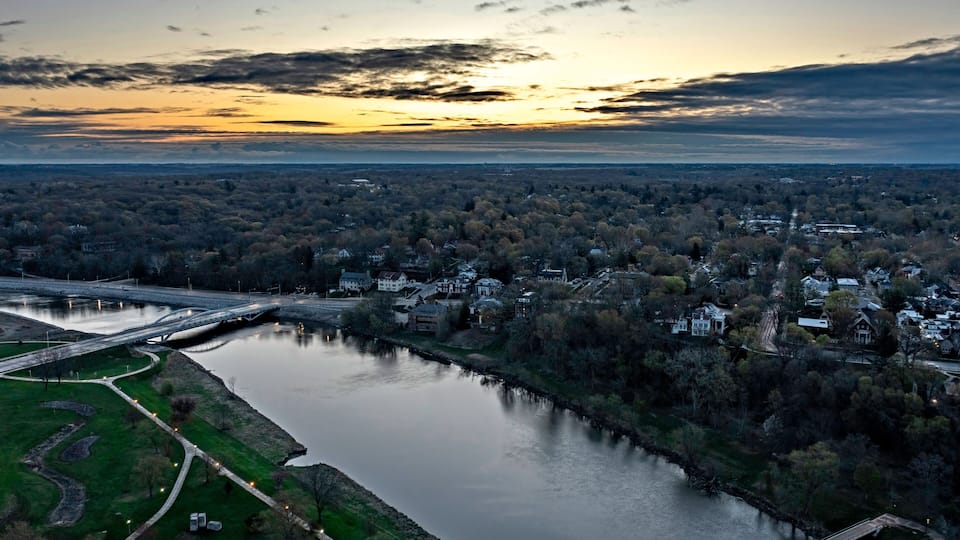 Aerial view of the Iowa River at Sunrise