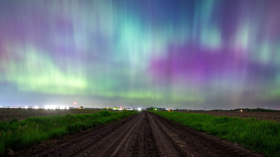 Northern Lights Storm on May 11th 2024 from Iowa City, Iowa, USA over a dirt road between two farm fields. 5.11.24