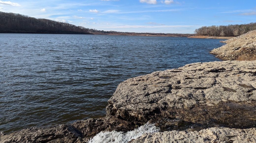 Looking out over the Coralville, Iowa reservoir in the winter you can see fossils and the Devonian rock layers reviled by recent floods in the area.