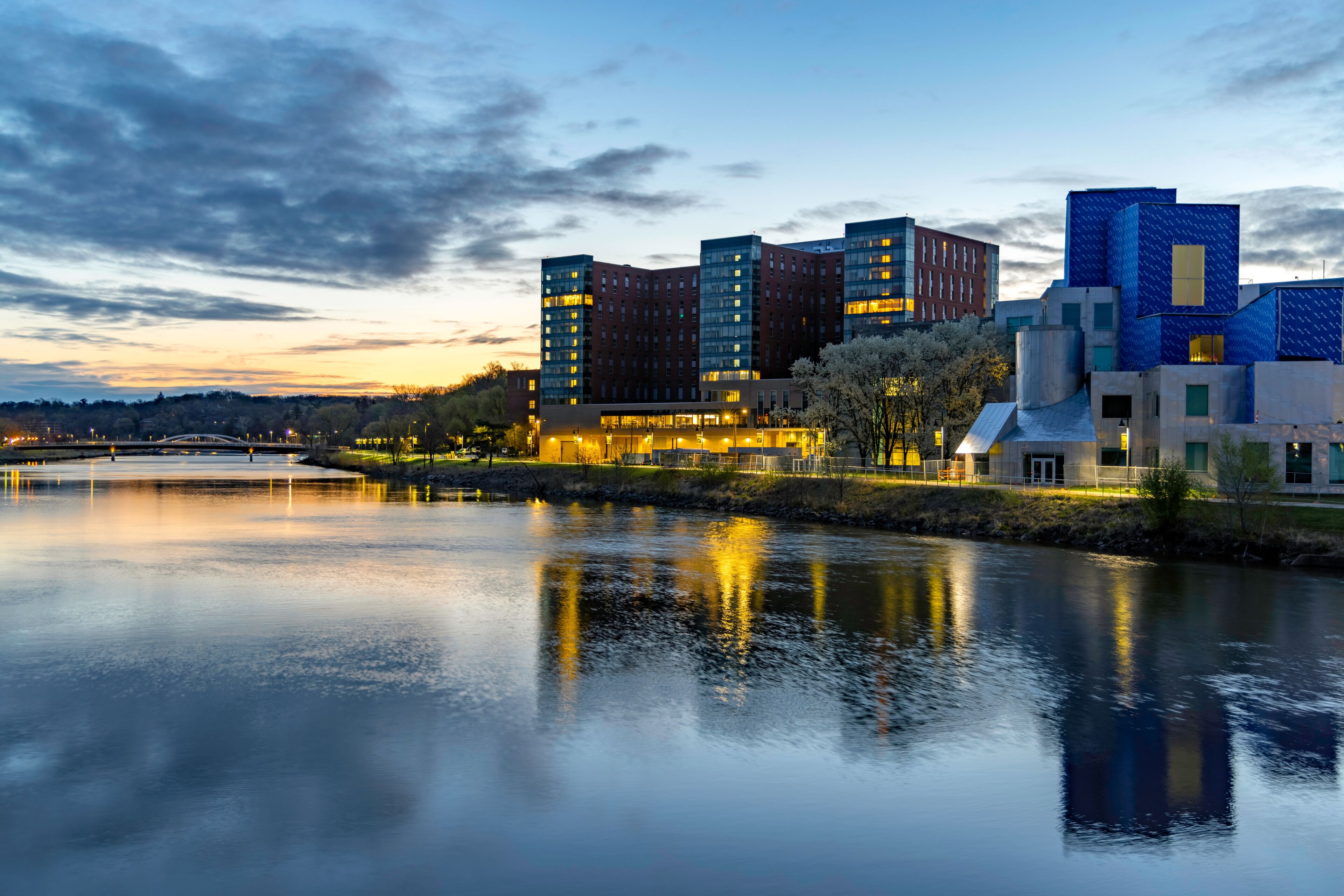 Reflections of Iowa City in the Iowa River at Sunrise