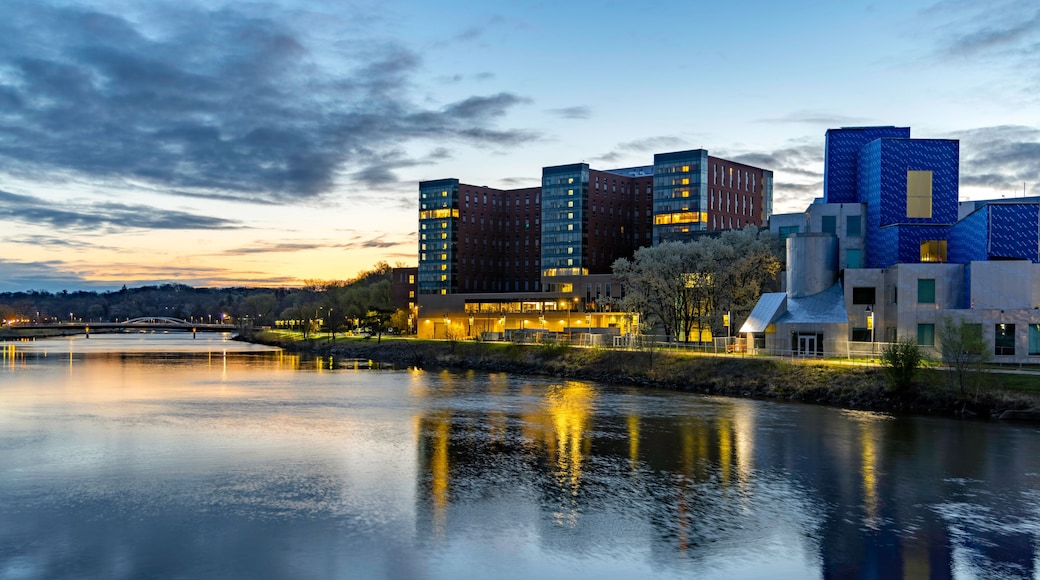 Reflections of Iowa City in the Iowa River at Sunrise
