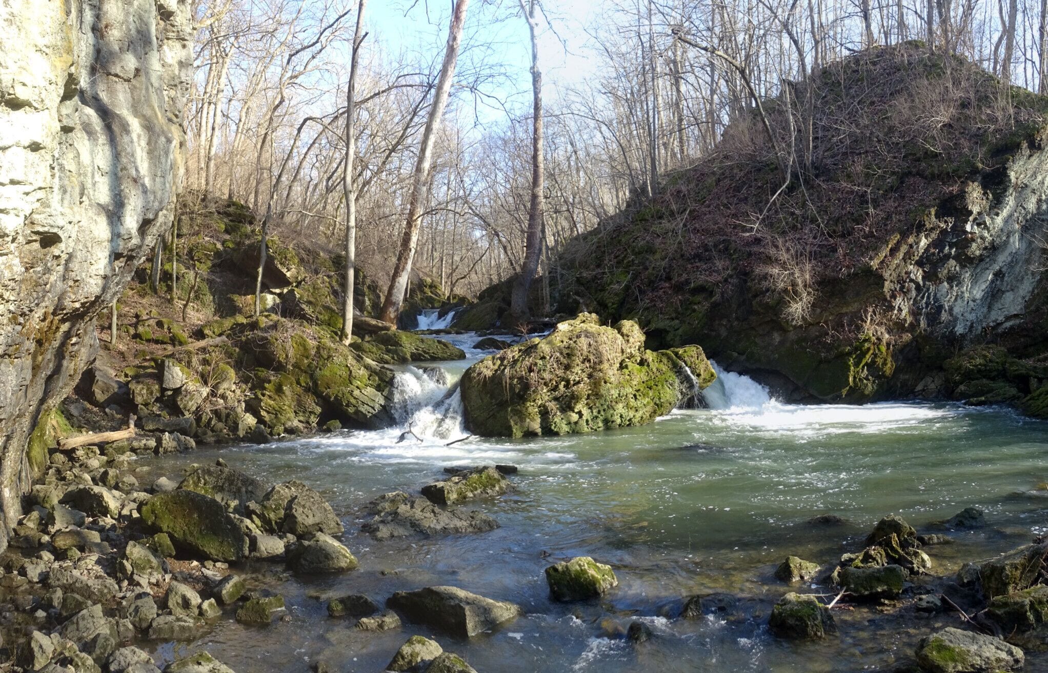 Waters rushing through the Massive Creek gorge at Indian Mound Reserve Park in Cedarville, OH.

The park offers miles of trails, a waterfall, a creek gorge, wildflowers and a couple ancient earthworks. 