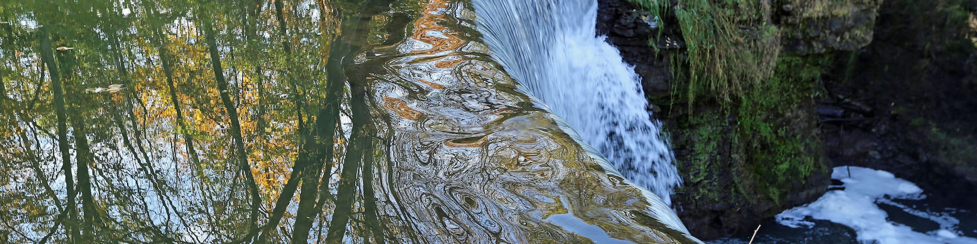 Una cascada se precipita sobre un saliente rocoso hacia un río tranquilo rodeado de exuberante vegetación.