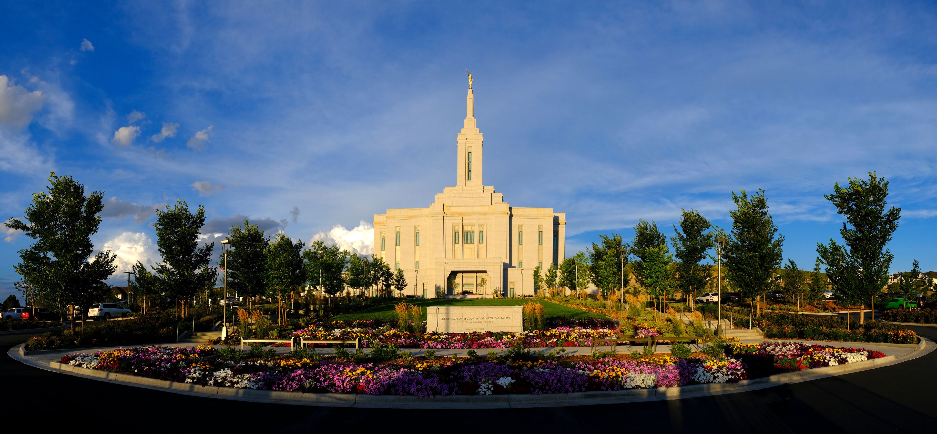 Pocatello Idaho LDS Mormon Temple Sky Clouds Flowers and Trees
