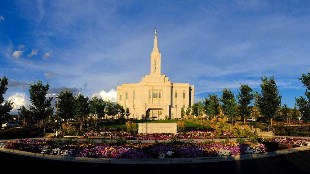 Pocatello Idaho LDS Mormon Temple Sky Clouds Flowers and Trees