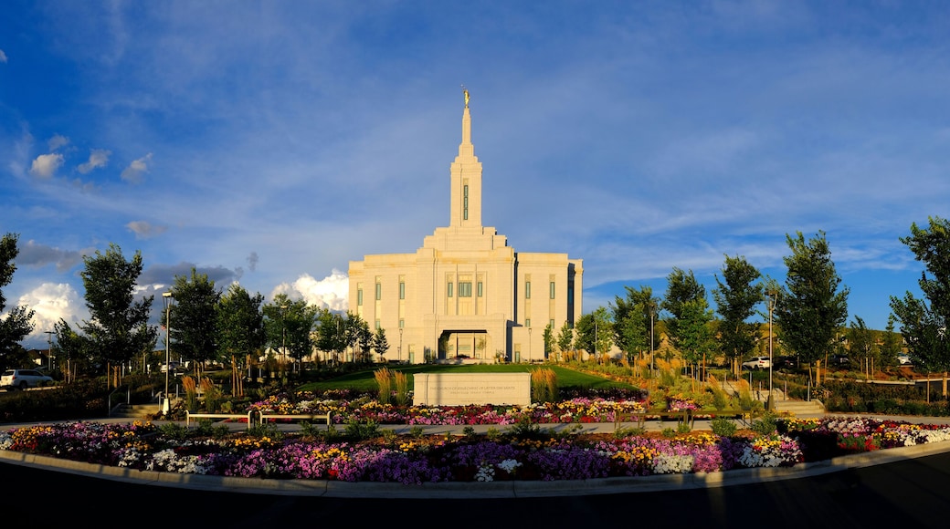 Pocatello Idaho LDS Mormon Temple Sky Clouds Flowers and Trees