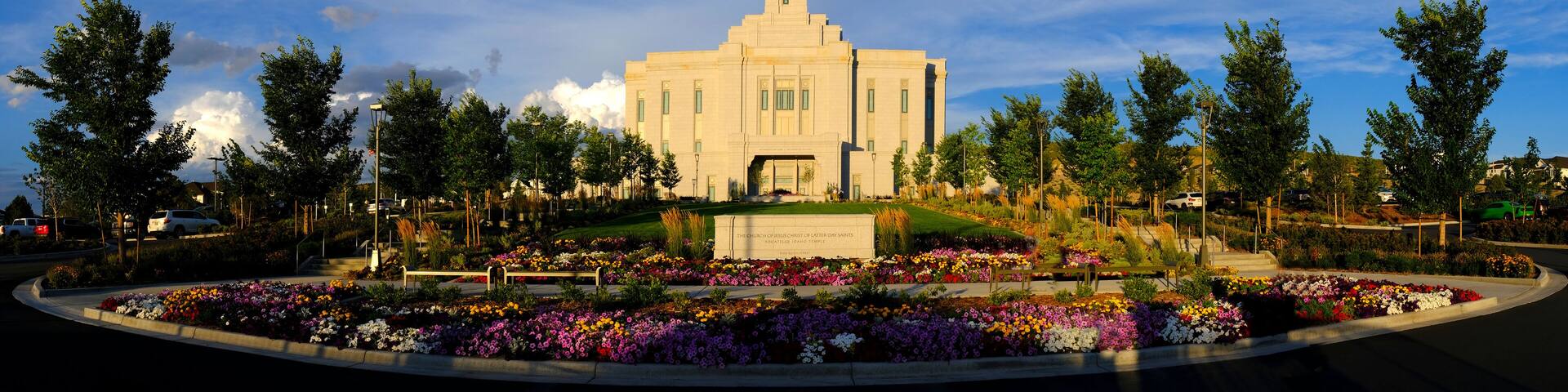 Pocatello Idaho LDS Mormon Temple Sky Clouds Flowers and Trees