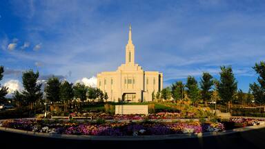 Pocatello Idaho LDS Mormon Temple Sky Clouds Flowers and Trees