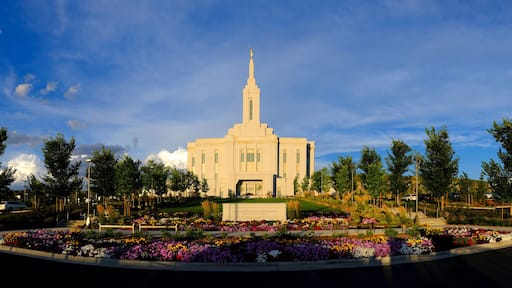 Pocatello Idaho LDS Mormon Temple Sky Clouds Flowers and Trees