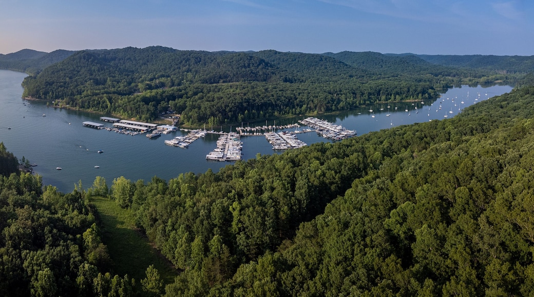 Drone view of Cave run lake marina and the hills of northeastern Kentucky. It is located on the Cumberland Ranger District of the Daniel Boone National Forest.