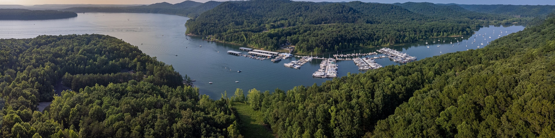 Drone view of Cave run lake marina and the hills of northeastern Kentucky. It is located on the Cumberland Ranger District of the Daniel Boone National Forest.