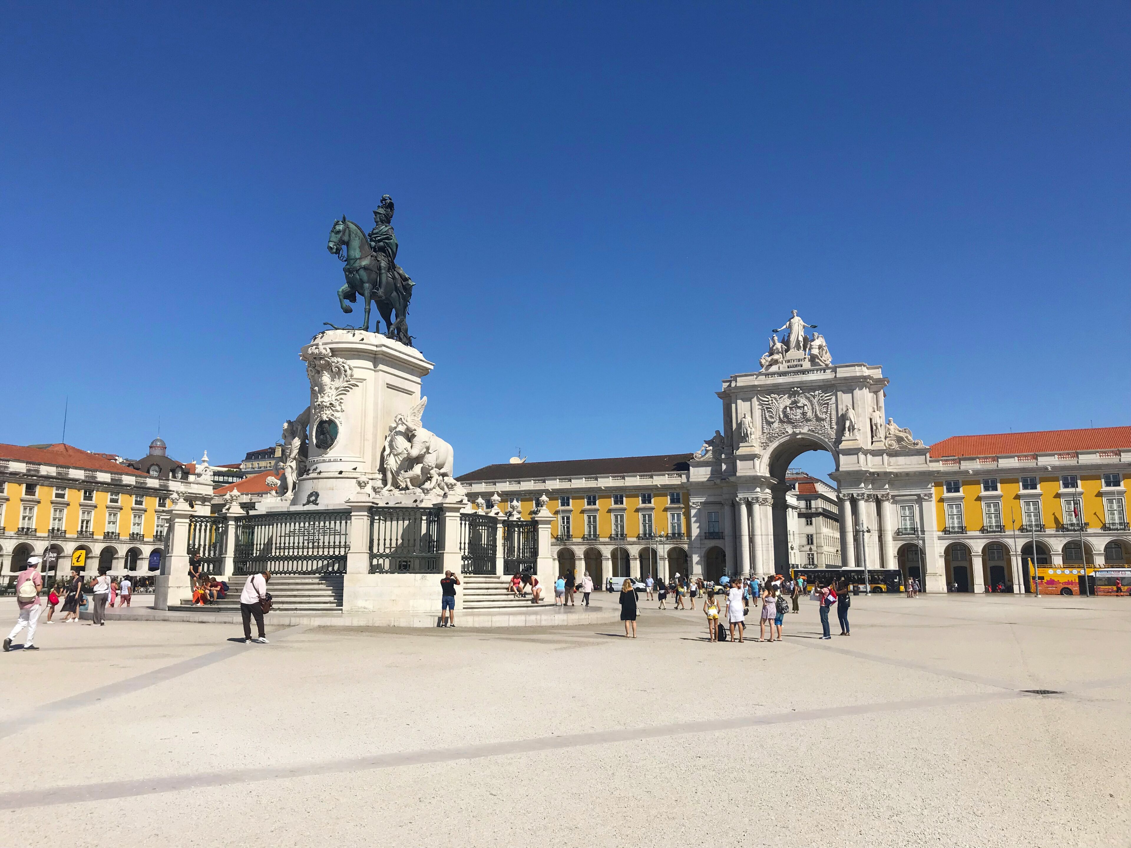 Praca do Comercio Square and statue of King in Lisbon, Portugal