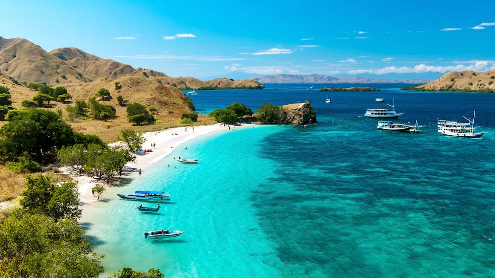 Panoramic view of Pink Beach, Komodo Nation Park, Flores Island, Indonedia.