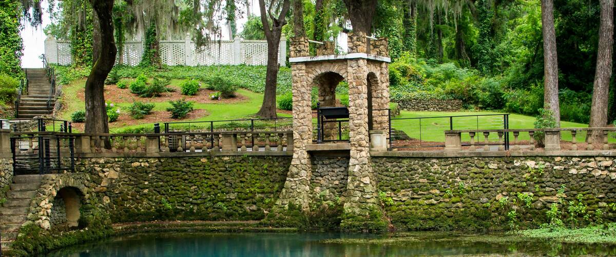 A stone bridge over a pond with lily pads, surrounded by lush greenery and trees.