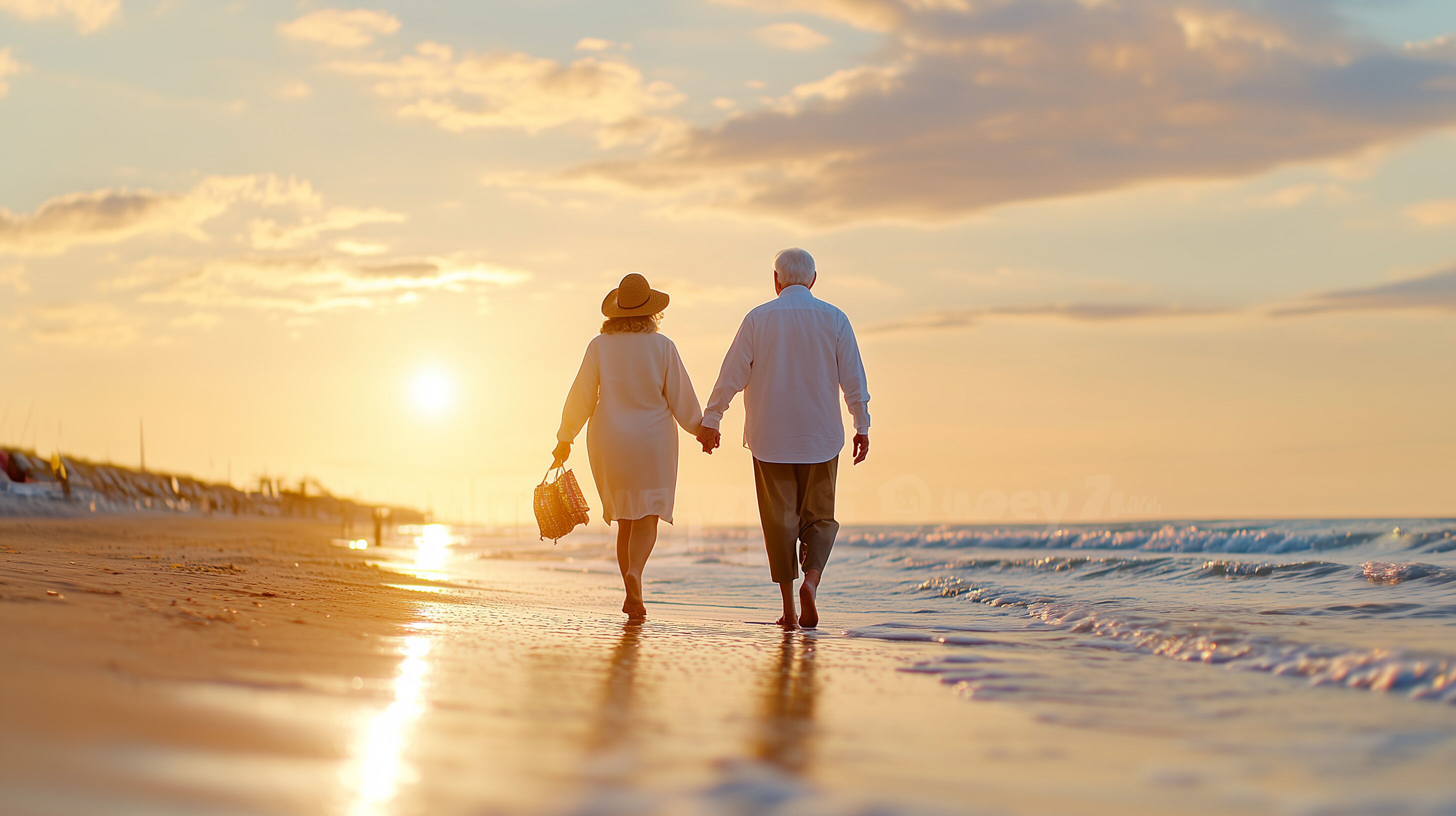 A couple walking on a beach during sunset.
