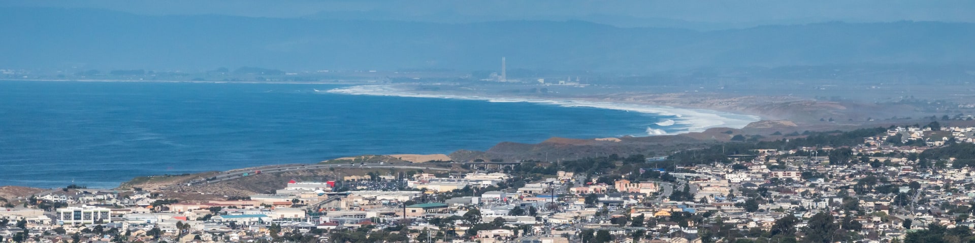 View of Monterey Bay in California, from a nearby hilltop, including cities of Monterey and Seaside.