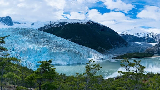 Un glacier avec un lac au premier plan, entouré de montagnes et d’arbres.