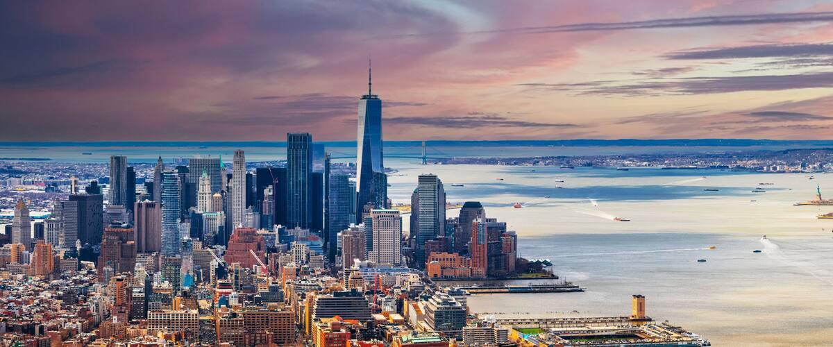 New York City and New Jersey skyline panoramic sunset view