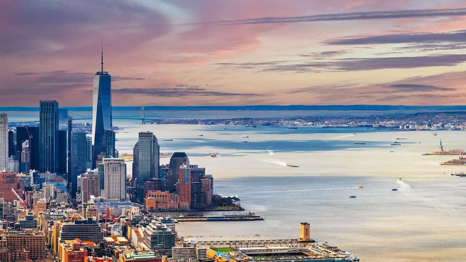 New York City and New Jersey skyline panoramic sunset view
